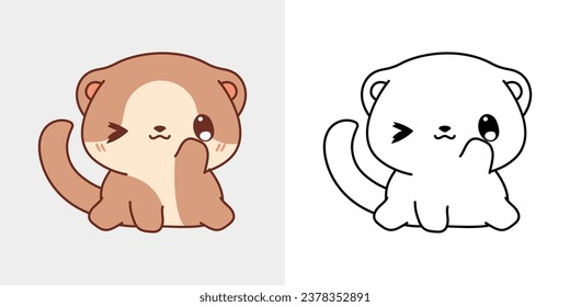 Cute Isolated Ferret Illustration and For Coloring Page. Cartoon Clip Art Baby Pet. Isolated Vector Illustration of a Kawaii Pet for Stickers, Baby Shower, Coloring Pages. 