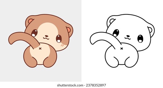 Cute Isolated Ferret Illustration and For Coloring Page. Cartoon Clip Art Baby Animal. Cartoon Vector Illustration of Kawaii Pet for Stickers, Prints for Clothes, Baby Shower. 