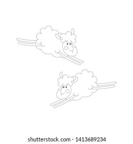 Cute isolated flying sheep. White background. Black and white sketch, element for a colouring book. Cartoon style illustration. Vector.
