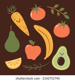 Cute isolated fruits and vegetables. Funny characters with smiles. Kawaii food elements for breakfast, lunch or snack. Hand drawn vector illustrations