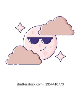 Cute isolated full moon in sunglasses with clouds and stars around. Sticker, patch, badge, pin or tattoo. White background. Flat linear style illustration. Vector.