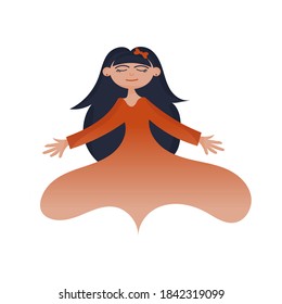 Cute isolated girl with long hair in a red dress appearing a genie. White background. Flat style illustration.