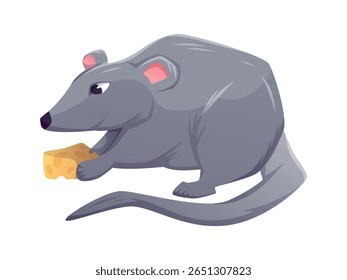 Crato cinzento isolado bonito segurando uma peça de queijo, ilustração de vetor de desenho animado de um roedor em vista lateral. Perfeito para projetos de animais, projetos infantis, educação ou conceitos de controle de pragas.
