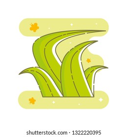 Cute isolated green bunch of grass. Sticker, patch, badge, pin or tattoo template. Green blob, butterflies and sparkling stars in the background. Linear style illustration. Vector.