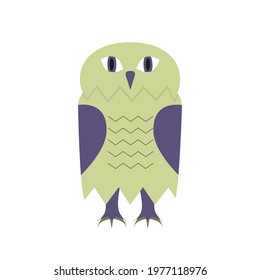 Cute isolated green owl. White background. Flat style illustration.