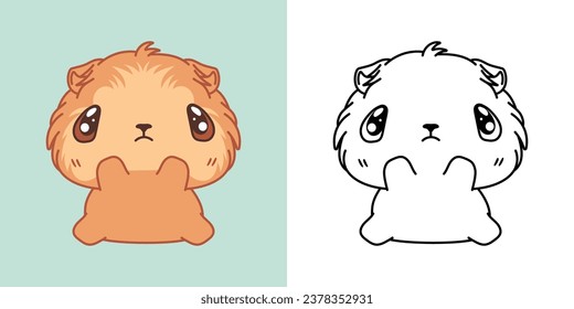 Cute Isolated Guinea Pig Illustration and For Coloring Page. Cartoon Clip Art Baby Animal. Cartoon Vector Illustration of Kawaii Rodent for Stickers, Prints for Clothes, Baby Shower. 