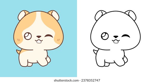 Cute Isolated Hamster Illustration and For Coloring Page. Cartoon Clip Art Baby Pet. Cartoon Vector Illustration of Kawaii Animal for Stickers, Prints for Clothes, Baby Shower. 