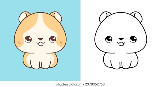 Cute Isolated Hamster Illustration and For Coloring Page. Cartoon Clip Art Pet. Isolated Vector Illustration of a Kawaii Baby Animal for Stickers, Baby Shower, Coloring Pages. 