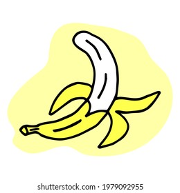 Cute isolated hand drawn doodle illustration of banana. Ripe yellow tropical fruit. Peeled banana. Healthy vegetarian food. Cartoon sticker in comics style with contour. Decoration for greeting cards