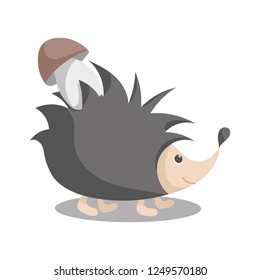 Cute isolated hedgehog wearing a mushroom. Pastel colours. White background. Flat cartoon style vector illustration.