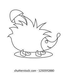 Cute isolated hedgehog wearing a mushroom. Black and white sketch. White background. Flat doodle style vector illustration.