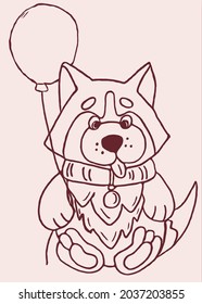 Cute isolated husky sitting with balloon. Vector illustration