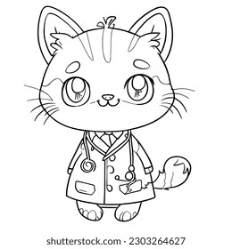 Cute Isolated Illustration For Kids - Doctor Cat Coloring Page.