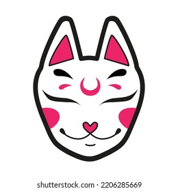 Cute isolated kitsune mask vector illustration on white background. Pink black traditional japanese mask icon. Cute cartoon kitsune simple minimal style. Sticker vector art kitsune fox, cat, wolf. 