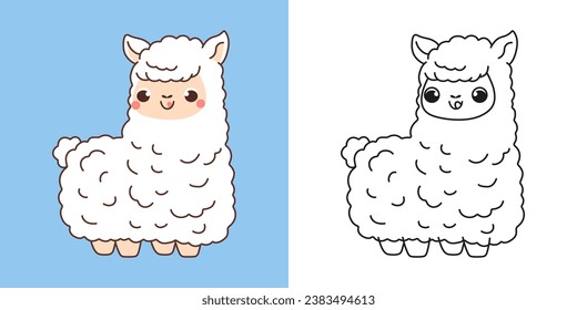 Cute Isolated Lama Clipart Illustration and Black and White. Funny Isolated Baby Llama. Isolated Vector Illustration of a Kawaii Animal for Prints for Clothes, Stickers, Baby Shower. 