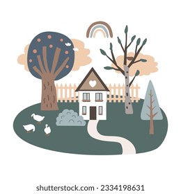 Helle, isolierte Landschaft mit einem Haus, Bäumen, Gänsen und Regenbogen. Skandinavischer Kinderstil, Design-Element des Hauskonzepts. Vektorgrafik.