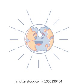 Cute isolated laughing Earth globe with rays. Sticker, patch, badge, pin or tattoo. White background. Flat linear style illustration. Vector.