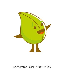 Cute isolated laughing green leaf with twig arms and legs. Sticker, patch, badge, pin or tattoo. White background. Linear style illustration. Vector.
