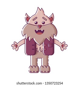 Cute isolated laughing werewolf in a west. Sticker, patch, badge, pin or tattoo. White background. Flat linear style illustration. Vector.