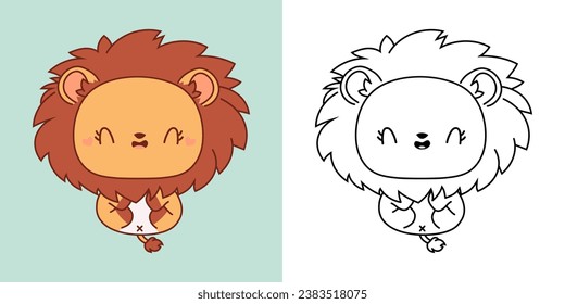 Cute Isolated Lion Illustration and For Coloring Page. Cartoon Clip Art Baby Animal. Cartoon Vector Illustration of Kawaii King Animal for Stickers, Prints for Clothes, Baby Shower. 