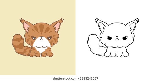 Cute Isolated Maine Coon Cat Illustration and For Coloring Page. Cartoon Clip Art Cat. Isolated Vector Illustration of a Kawaii Baby Animal for Stickers, Baby Shower, Coloring Pages. 