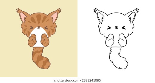 Cute Isolated Maine Coon Cat Clipart Illustration and Black and White. Funny Isolated Cat. Isolated Vector Illustration of a Kawaii Baby Animal for Prints for Clothes, Stickers, Baby Shower. 