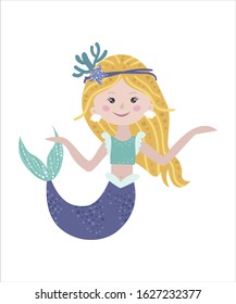 Cute isolated mermaid on a white background. Childish design for birthday invitation, poster, clothing, nursery wall art and card.