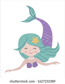Cute isolated mermaid on a white background. Childish design for birthday invitation, poster, clothing, nursery wall art and card.