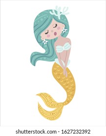 Cute isolated mermaid on a white background. Childish design for birthday invitation, poster, clothing, nursery wall art and card.