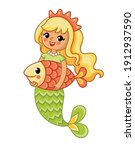 Cute isolated mermaid smiles and holds a large fish in her hands. Vector illustration in cartoon style.