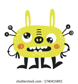 Cute isolated monster on a white background. Childish design for birthday invitation, poster, clothing, nursery wall art and card.