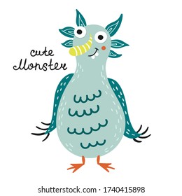 Cute isolated monster on a white background. Childish design for birthday invitation, poster, clothing, nursery wall art and card.