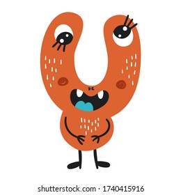 Cute isolated monster on a white background. Childish design for birthday invitation, poster, clothing, nursery wall art and card.