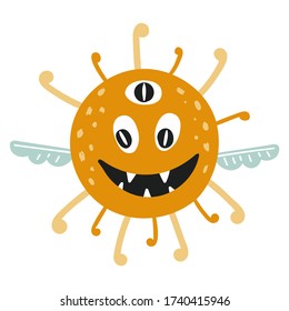 Cute isolated monster on a white background. Childish design for birthday invitation, poster, clothing, nursery wall art and card.