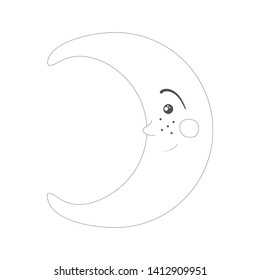 Cute isolated moon. White background. Black and white sketch, element for a colouring book. Cartoon style illustration. Vector.