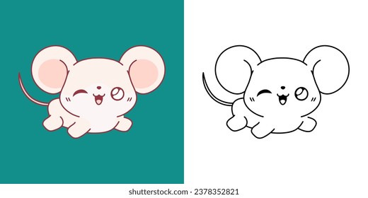 Einzige Maus-Illustration und zum Färben von Seiten. Cartoon Clip Art Baby Rat. Cartoon Vektor Illustration von Kawaii Pet für Aufkleber, Kleiderdrucke, Babydusche. 