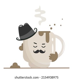Cute isolated mug with hat and mustache for father's day celebration. Icons of funny mugs for dad's day with steaming steam and bubbles. Gift coffee or tea vector illustration in flat style.
