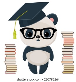 Cute isolated over white panda in a graduation cap, in glasses, with many books