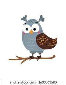 Cute isolated owl on a white background. Childish design for birthday invitation, poster, clothing, nursery wall art and card.
