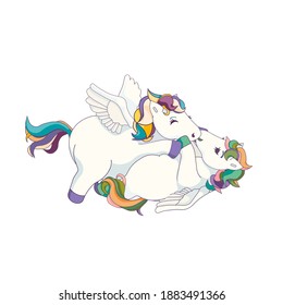 Cute isolated Pegasus are kissing in Cartoon style, vector happy Pegasus on white isolated background for postcards, stickers, patterns, prints, icons for Valentine’s Day and social networks.