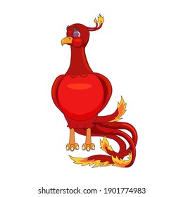 Cute isolated Phoenix in Cartoon style, vector resurrected bird on white isolated background, outlined burning Phoenix for prints, patterns, stickers, tattoo, icons for social networks or apps.