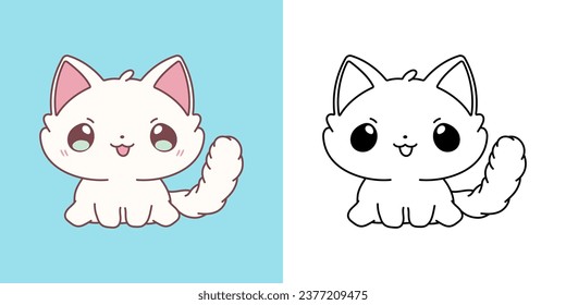 Cute Isolated Ragdoll Cat Clipart Illustration and Black and White. Funny Isolated Cat. Isolated Vector Illustration of a Kawaii Baby Animal for Prints for Clothes, Stickers, Baby Shower. 