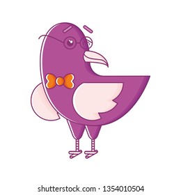 Cute isolated raven in glasses and a bow tie. Sticker, patch, badge, pin or tattoo. White background. Flat linear style illustration. Vector.