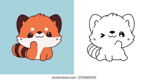 Cute Isolated Red Panda Clipart Illustration and Black and White. Funny Isolated Baby Animal. Isolated Vector Illustration of a Kawaii Animal for Prints for Clothes, Stickers, Baby Shower. 