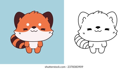 Cute Ilustración de Panda Rojo Aislado y Página de Colores. Viñeta de dibujos animados Animales Baby. Vector de dibujos animados Ilustración del animal Kawaii para pegatinas, impresiones para ropa, ducha para bebés. 