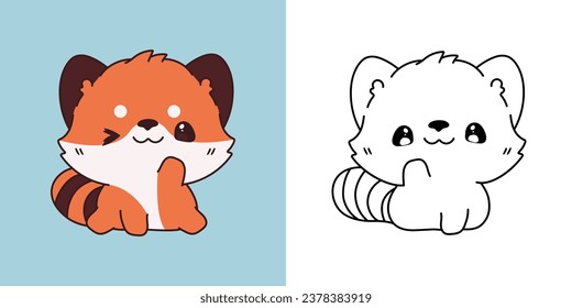 Cute Ilustración de Panda Rojo Aislado y Página de Colores. Viñeta de dibujos animados Animales Baby. Ilustración vectorial aislada de un animal kawaii para pegatinas, ducha de bebé, páginas de coloreo. 