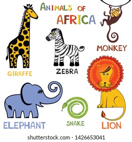 Cute isolated safari animals collection. Great for baby shower and kids design. Giraffe, lion, zebra, monkey and other. 
Set of cute funny animals. Vector illustration