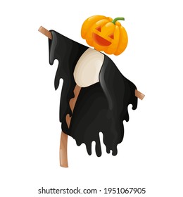 Cute isolated scarecrow with a carved pumpkin head and black cloth robe on a wooden stick. White background. Flat style illustration.