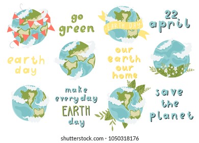 Cute isolated set with illustrations of earth and earth day lettering on white background. Perfect for greeting cards, party invitations, posters, stickers, pin, scrapbooking, icons