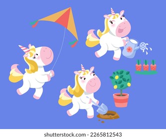 Cute isolated set of unicorns in garden. Horses dig, water the flowers and play with kite. Cartoon animal characters for design. Vector illustration.